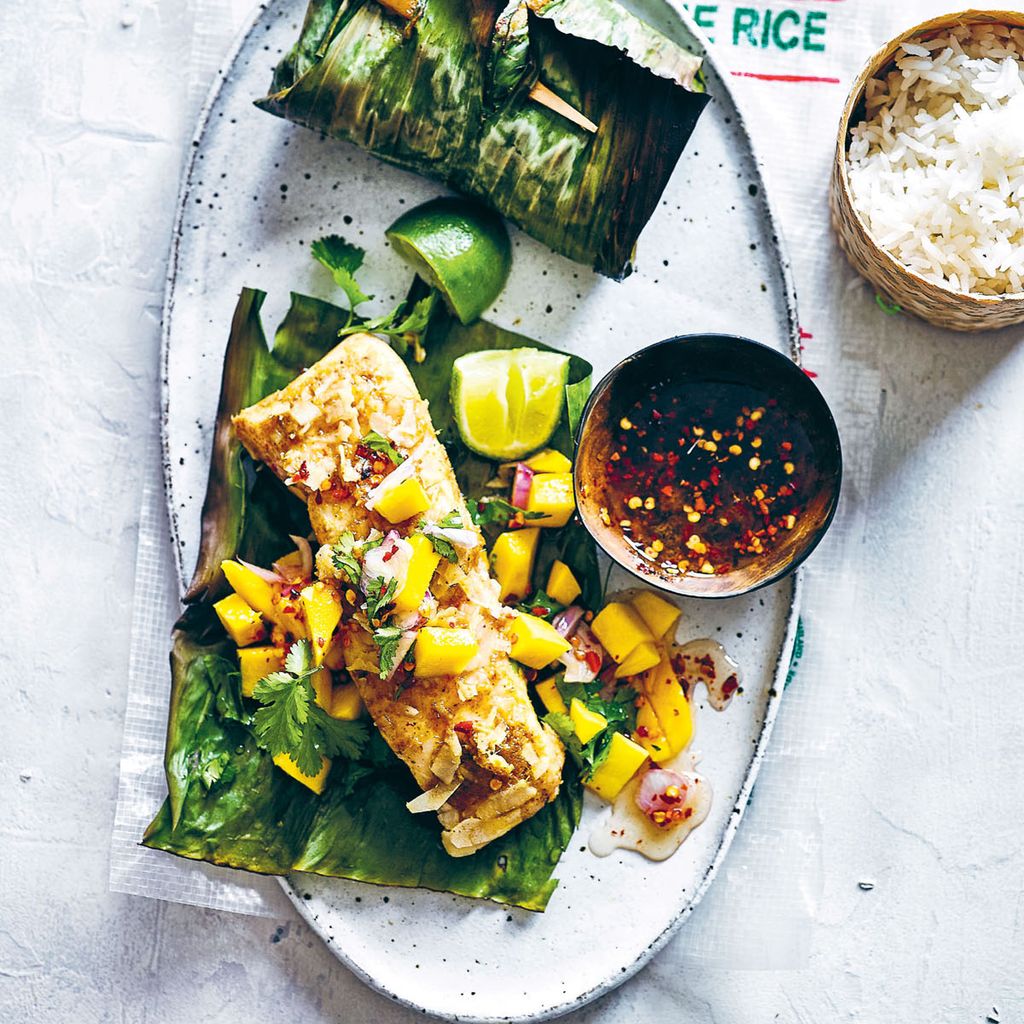 Banana Leaf-Grilled Fish with Coconut-Cilantro Sauce