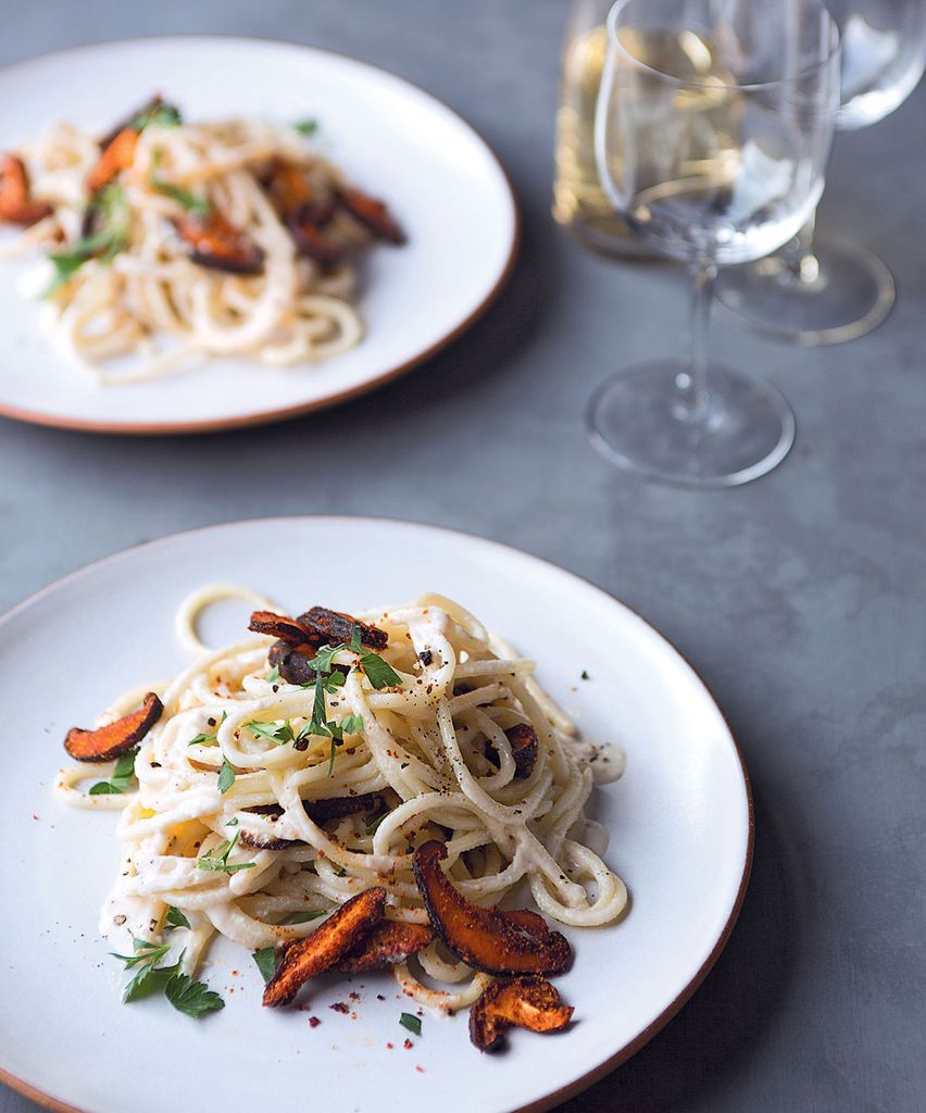 CarbonaraStyle Spaghetti with Crispy Shiitake Bacon from Easy Vegan by