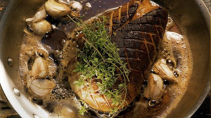 Whole Roasted Moulard Duck Foie Gras with Apples and Black