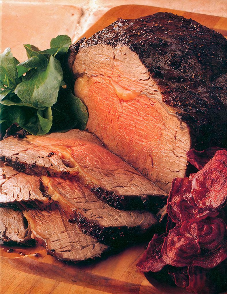 Peppered Roast Beef with Beetroot Crisps from Open Rhodes Around