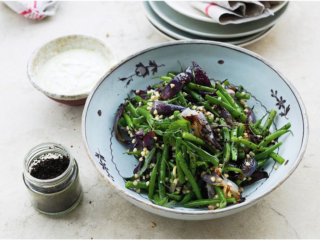 Buckwheat & French Bean Salad (Ottolenghi Simple Cook Book Recipe). Serves  four: 2 Red Onion (2cm wedges) 3-4 Garlic Cloves (sliced) 90-100g Buckwheat  350-400g French Beans (Trimmed & sliced in half) 5g