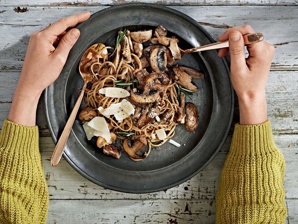 Roast Chicken, Mushroom and Truffle Oil Linguini from Wholesome by Sarah  Graham